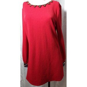 Ella Blue Women Red Cocktail Elegant Dress Sz  M Beaded Neck and Sleeve Zip Back
